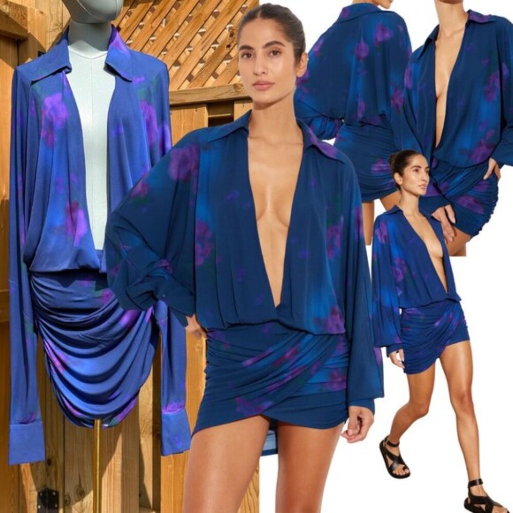 🆕 RAT & BOA 🧿 NWOT Volana Blue and Purple Floral Printed Cowl Neck Mini, Sz M